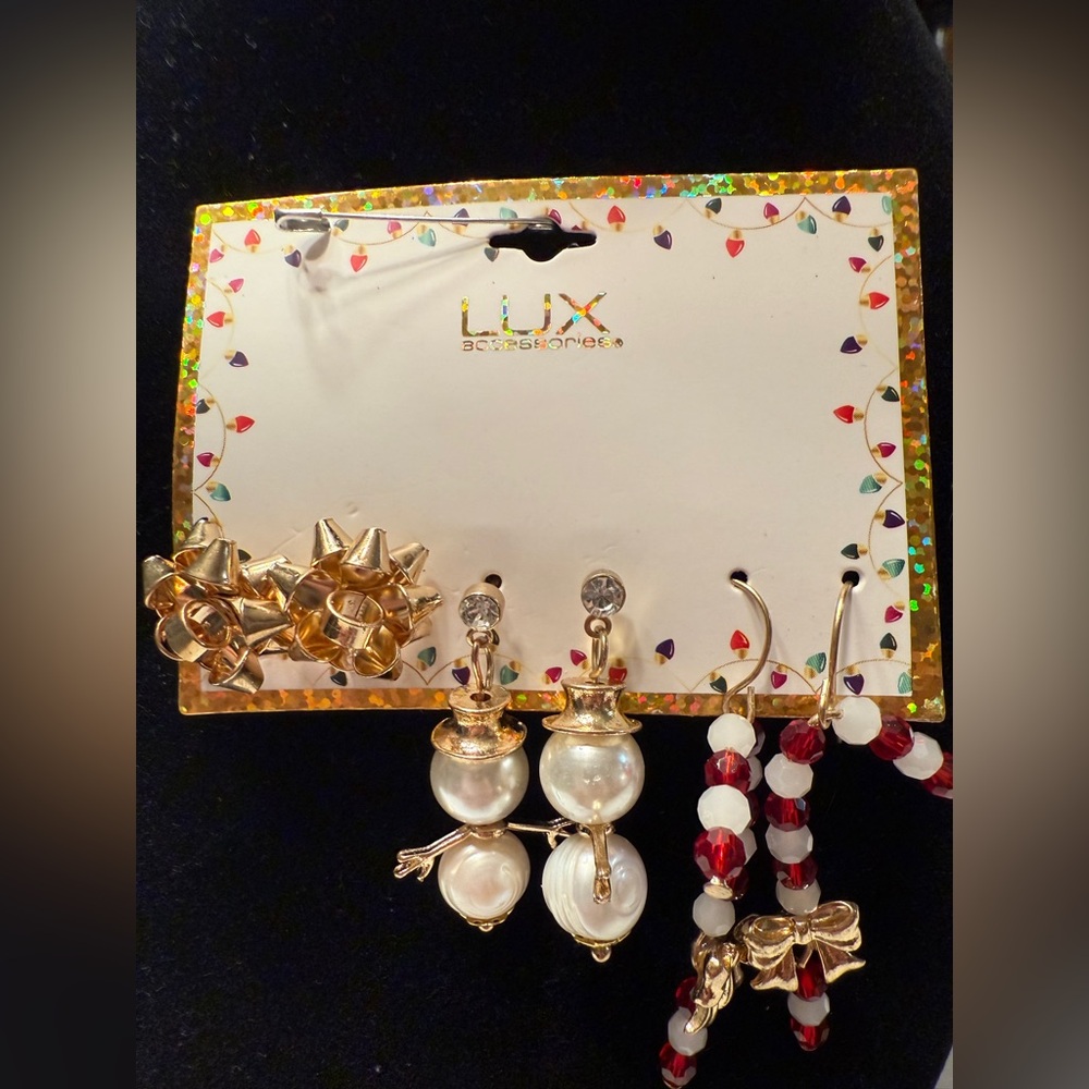 Lux Accessories 3 Pair Candy Cane Snowman Bow Dangle and Post NIP